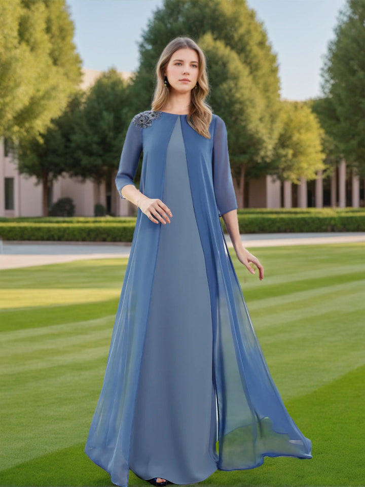A-Line/Princess Jewel Neck 3/4 Sleeves Floor-Length Mother of the Bride Dresses with Chiffon Cape & Jewel Appliques