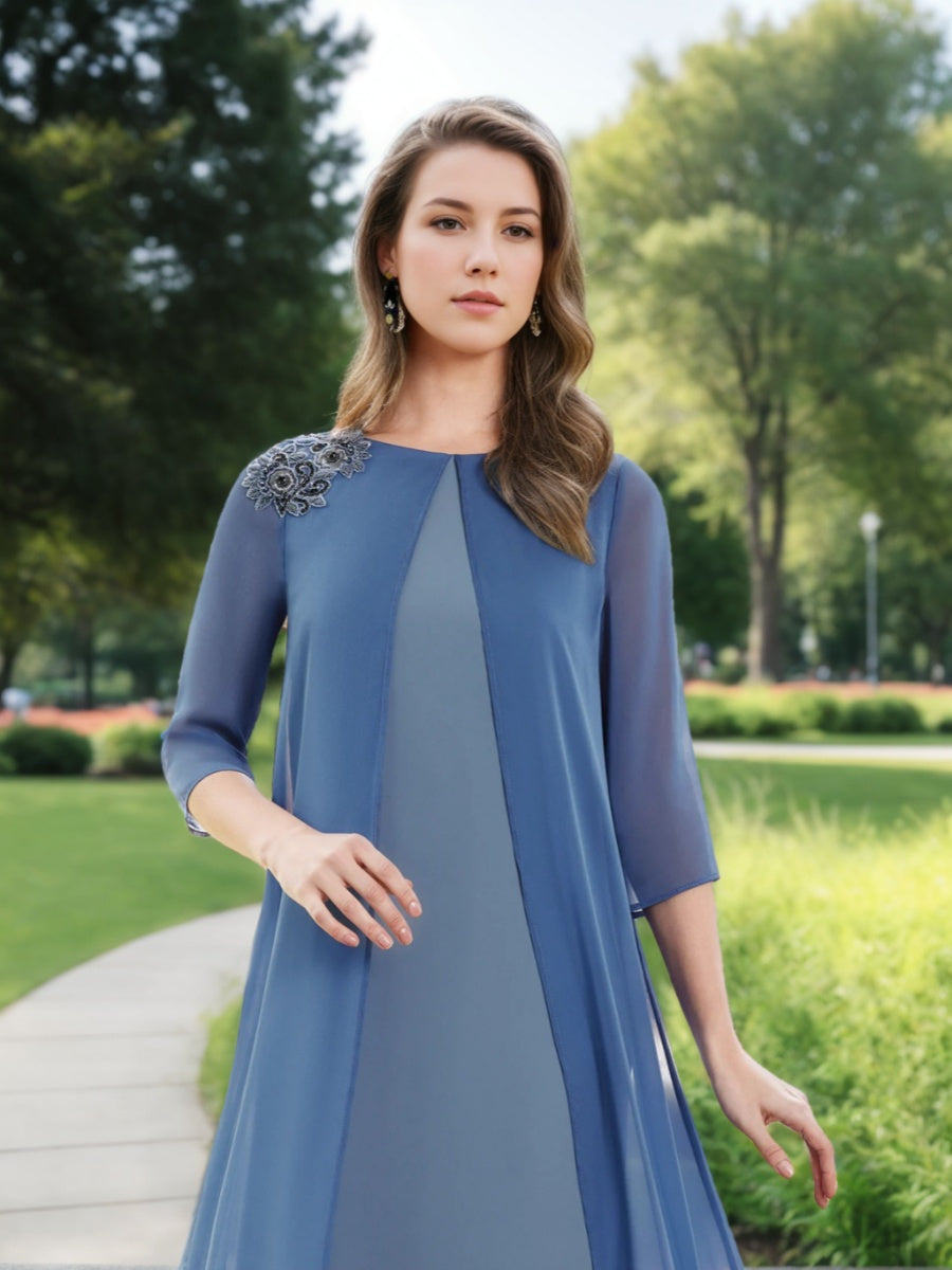 A-Line/Princess Jewel Neck 3/4 Sleeves Floor-Length Mother of the Bride Dresses with Chiffon Cape & Jewel Appliques