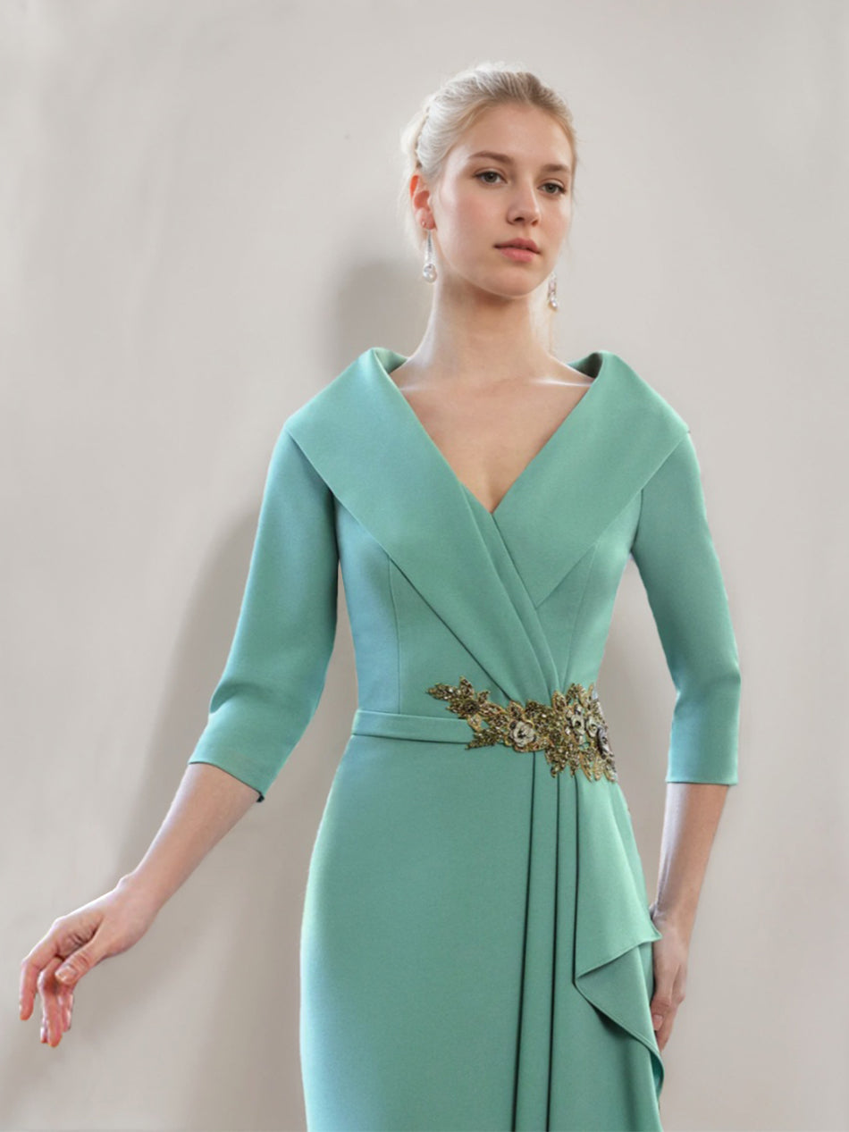 Sheath/Column V-Neck 3/4 Sleeves Floor-Length Mother of the Bride Dresses with Ruffles & Jewel Appliques