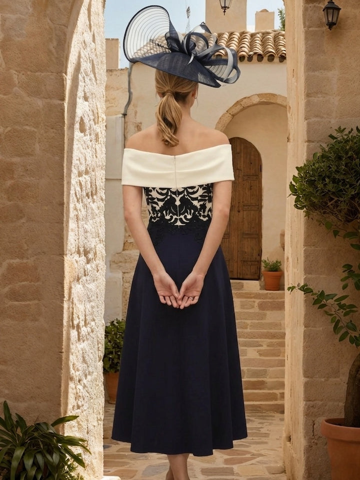 A Line/Princess One-Shoulder Short Sleeves Tea-Length Mother of the Bride Dresses With Lace & Pocket