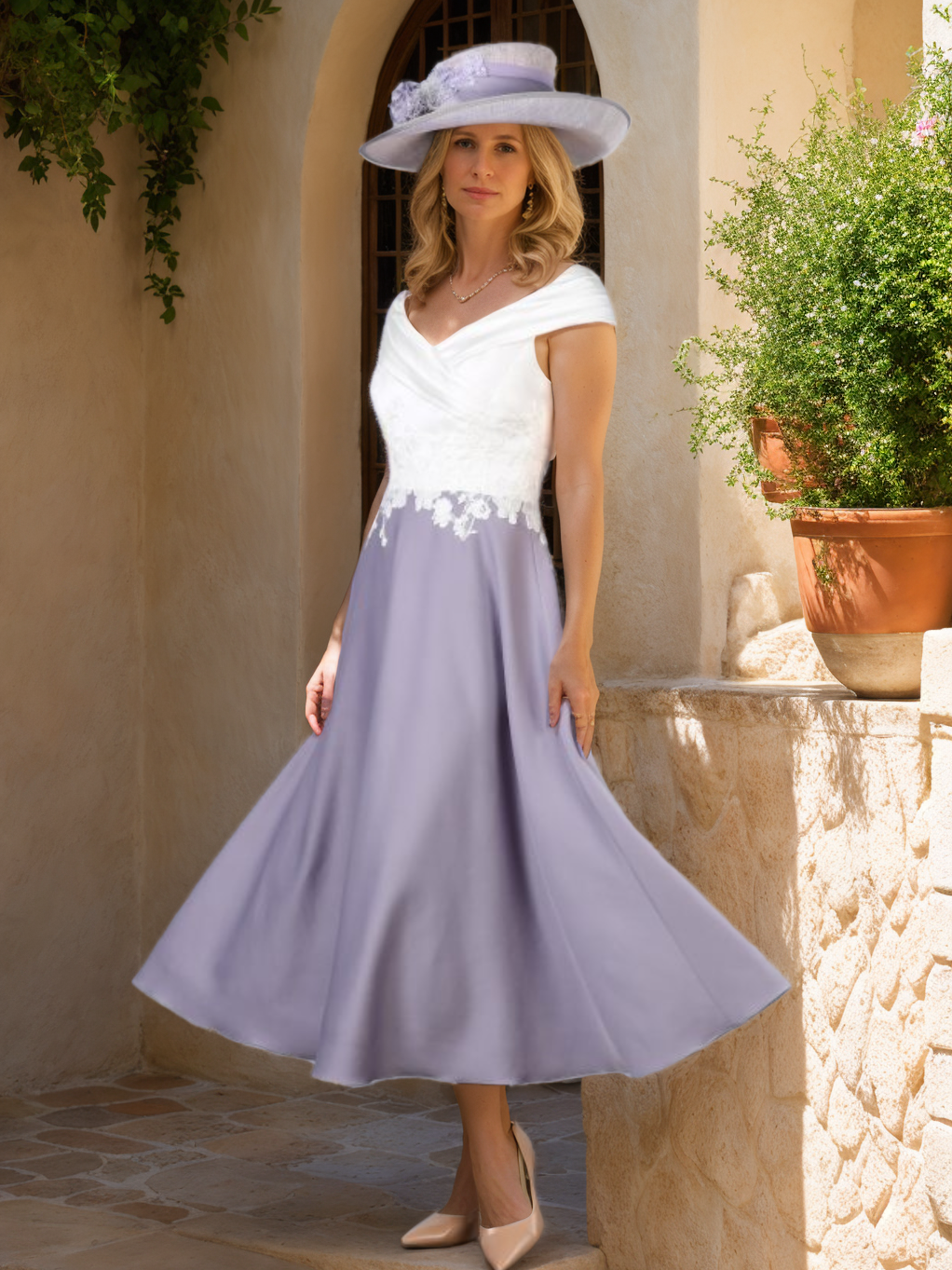 A-Line/Princess V-Neck Tea-Length Classic Mother of the Bride Dresses with Lace Appliques