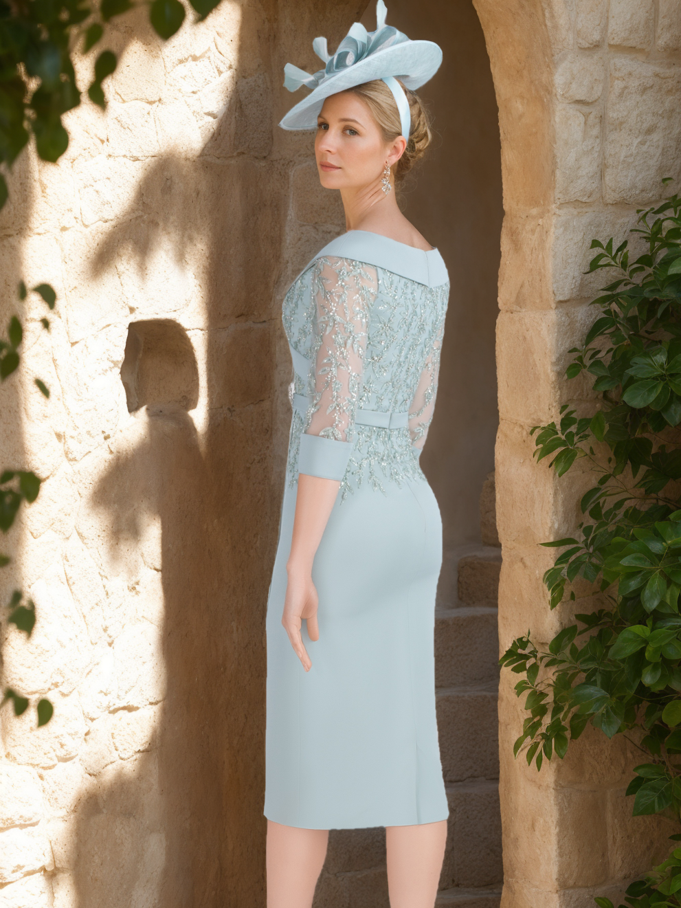 Sheath/Column V-Neck Tea-Length Mother of the Bride Dresses with Appliques