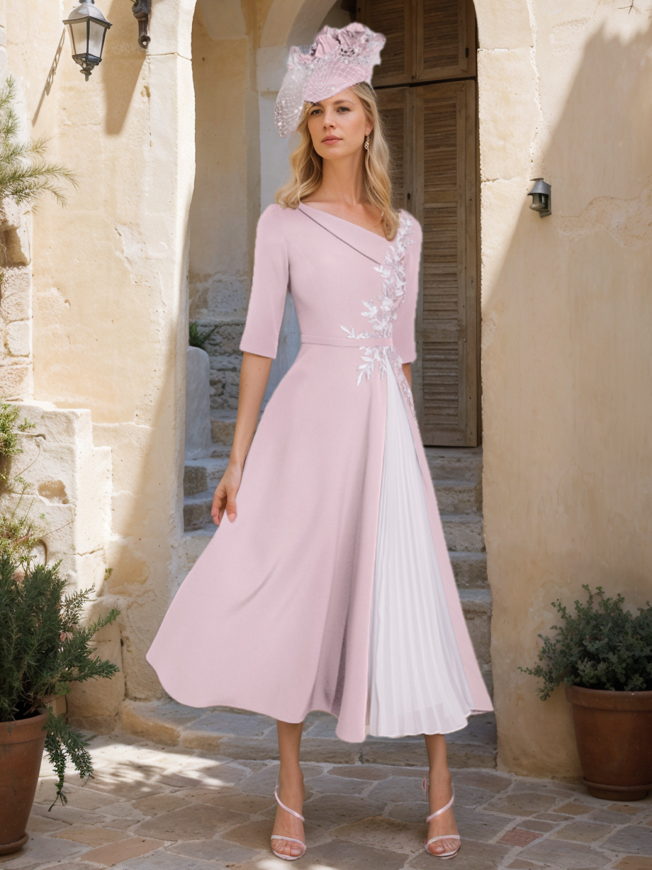A-Line/Princess 3/4 Sleeves Tea-Length Mother of the Bride Dresses with Ruffles & Appliques