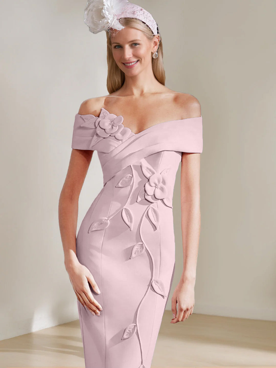 Sheath/Column Off-the-shoulder Tea-Length Mother of the Bride Dresses with 3D Flowers