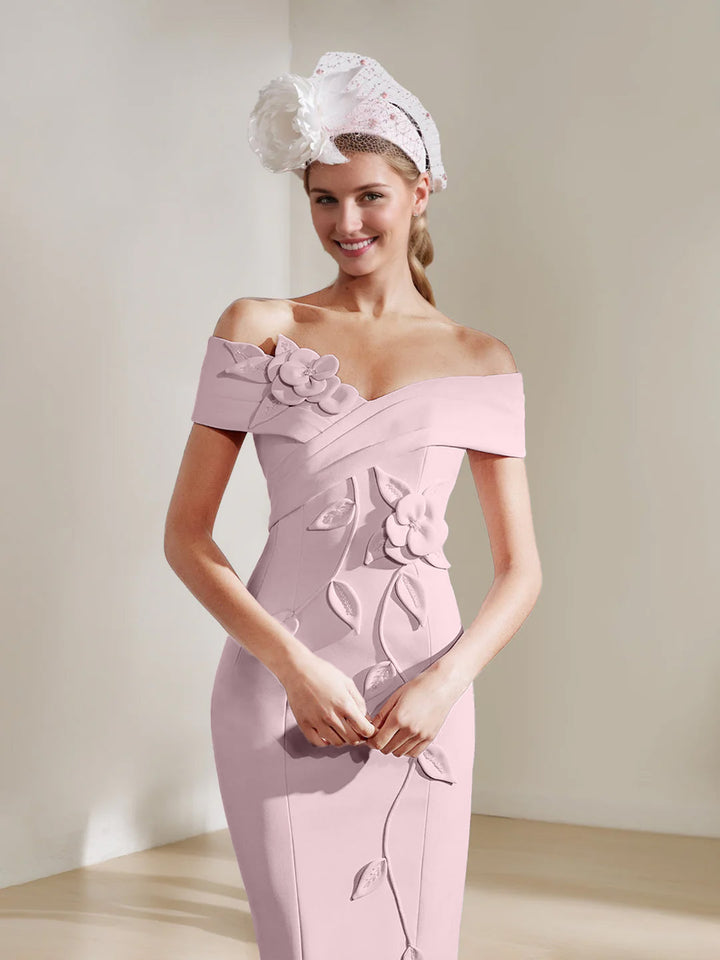 Sheath/Column Off-the-shoulder Tea-Length Mother of the Bride Dresses with 3D Flowers