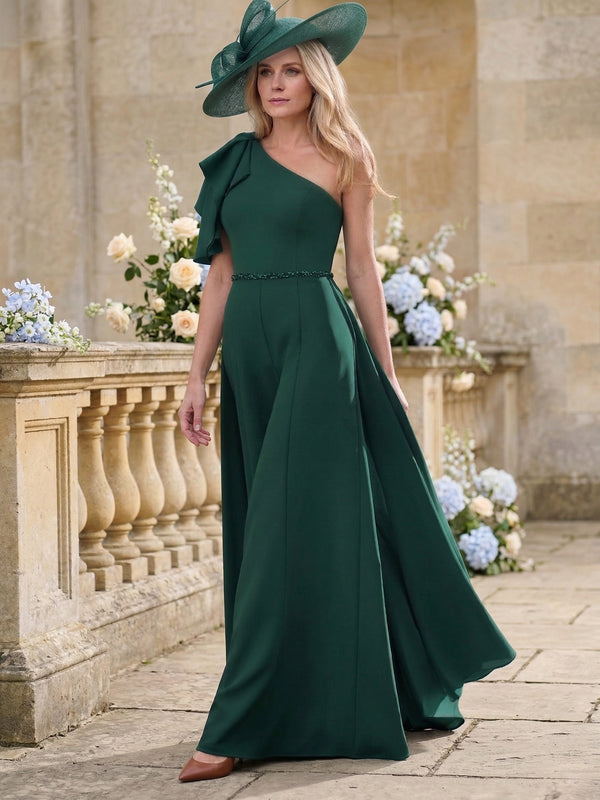 A-Line/Princess One-shoulder Floor-Length Mother of the Bride Dresses with Sash & Ruffled Sleeve