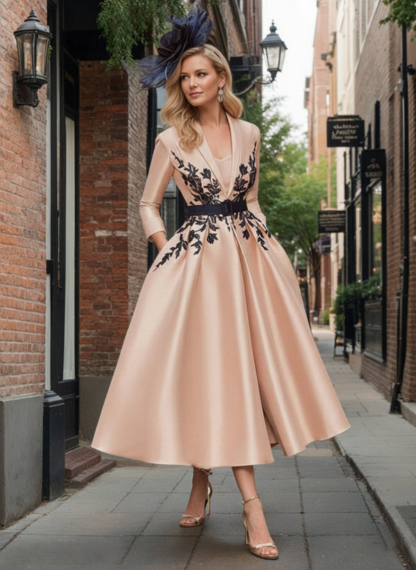 A-Line/Princess Plunge V-Neck 3/4 Sleeves Ankle-Length Pleated Mother of the Bride Dresses with Appliques & Belt