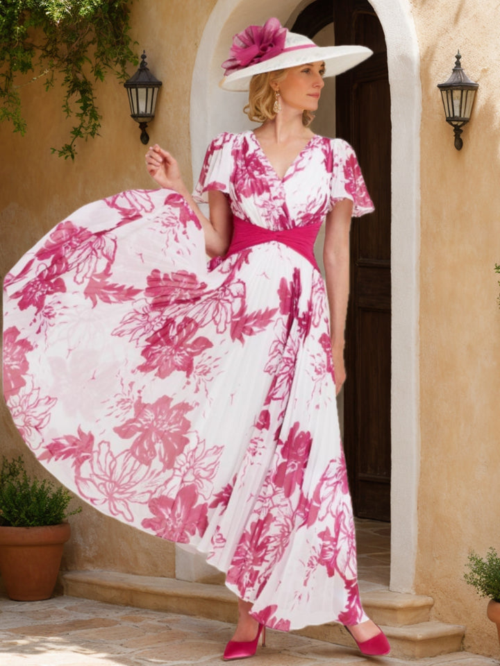 A-Line/Princess V-Neck Short Sleeves Ankle-Length Floral Elegant Mother of the Bride Dresses