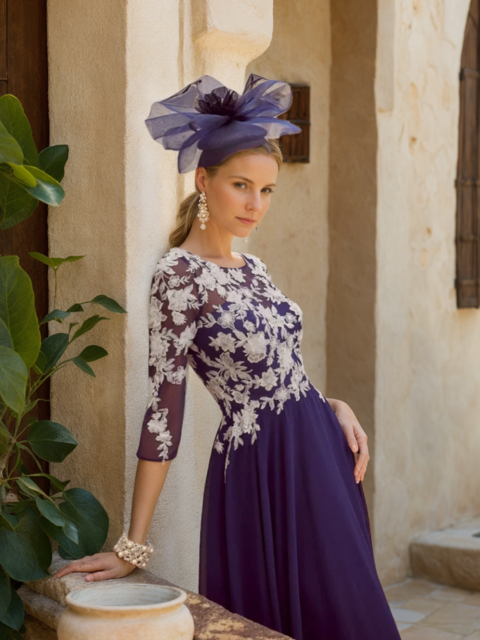 A-Line/Princess 3/4 Sleeves Tea-Length Mother of the Bride Dresses with Lace Appliques