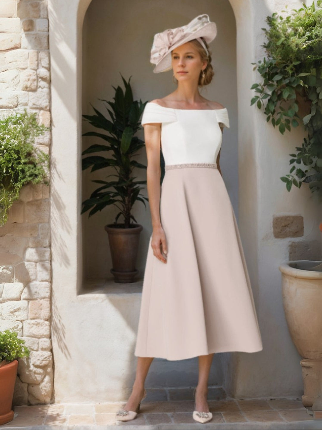 A-Line/Princess Off-the-Shoulder Short Sleeves Tea-Length Mother of the Bride Dresses with Beading