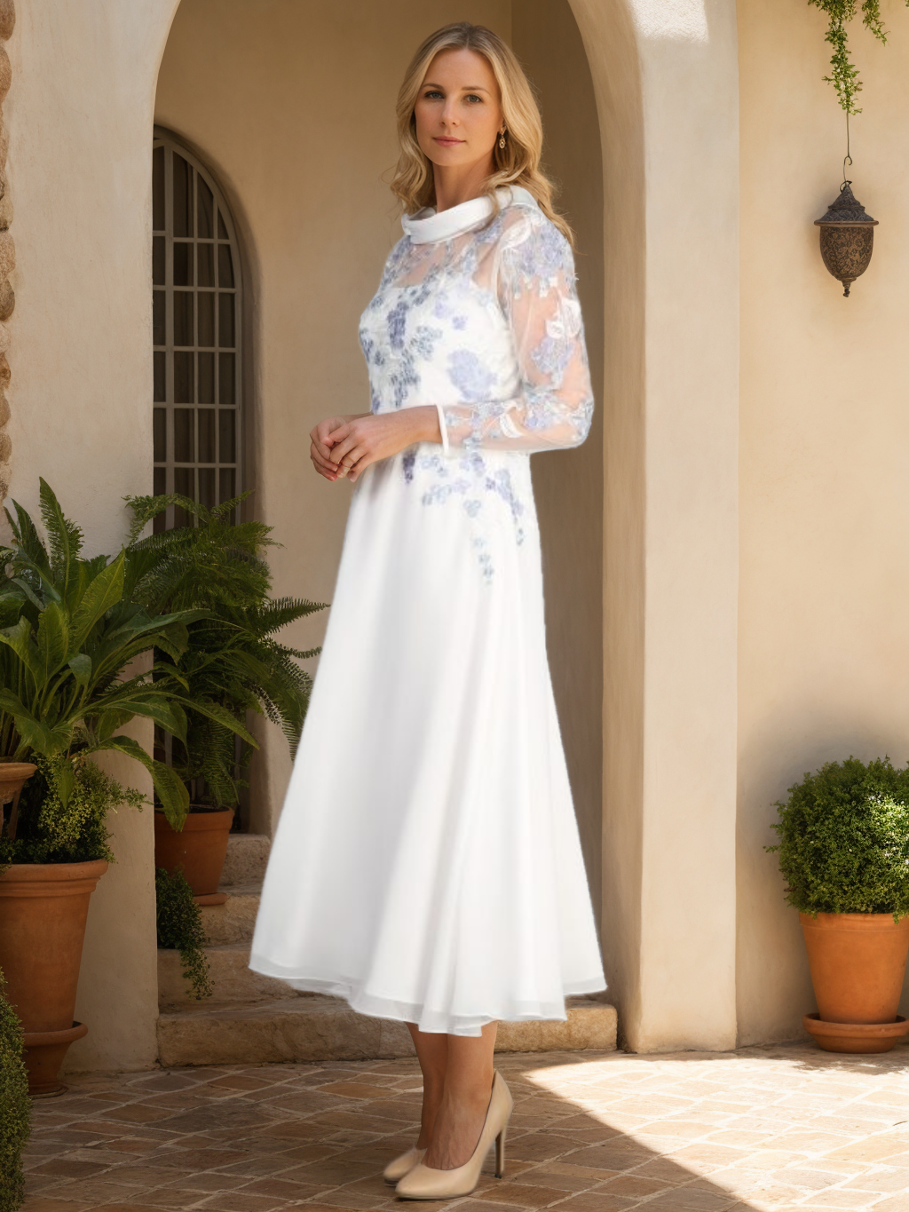 A Line/Princess Lace Long Sleeves Tea-Length Mother of the Bride Dresses With Appliques