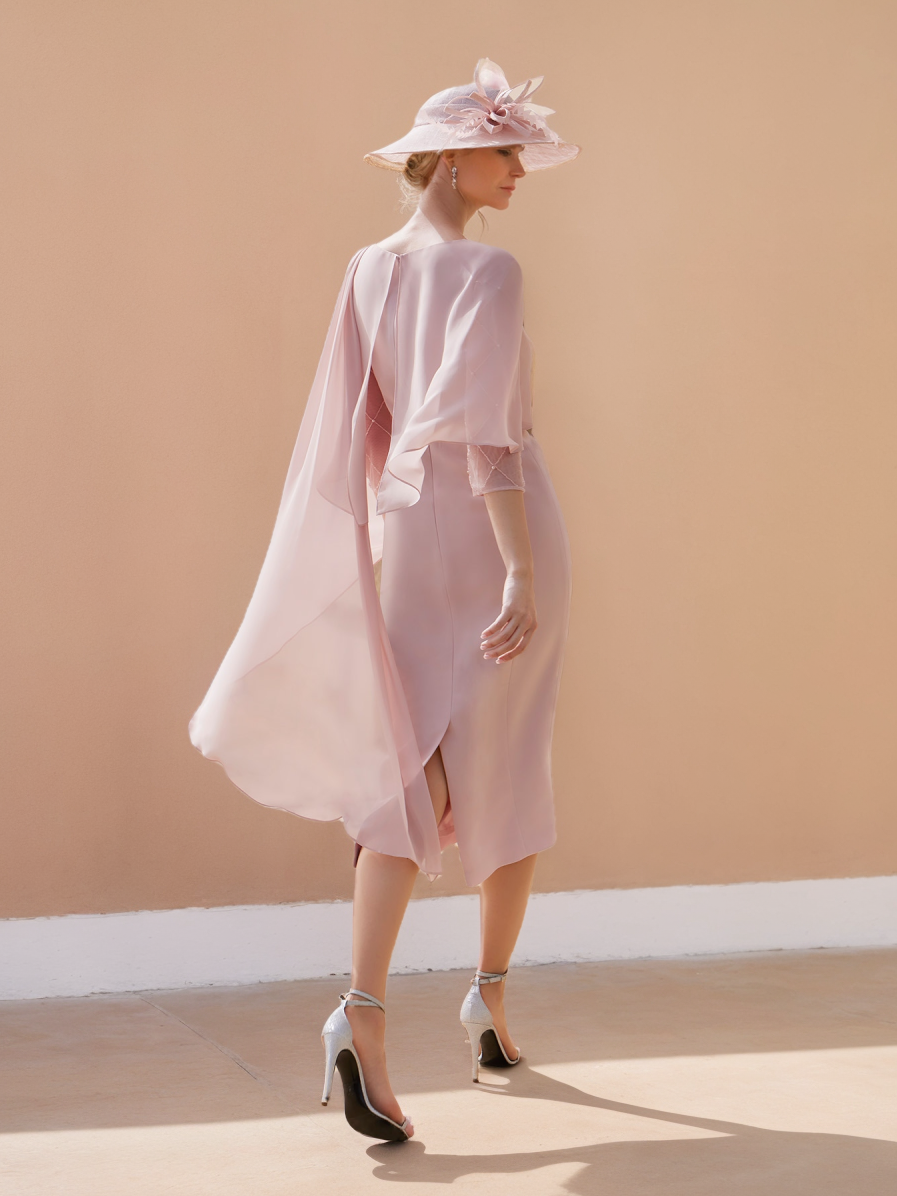 Sheath/Column 3/4 Sleeves Tea-Length Mother of the Bride Dresses with Eelegant Floaty Cape