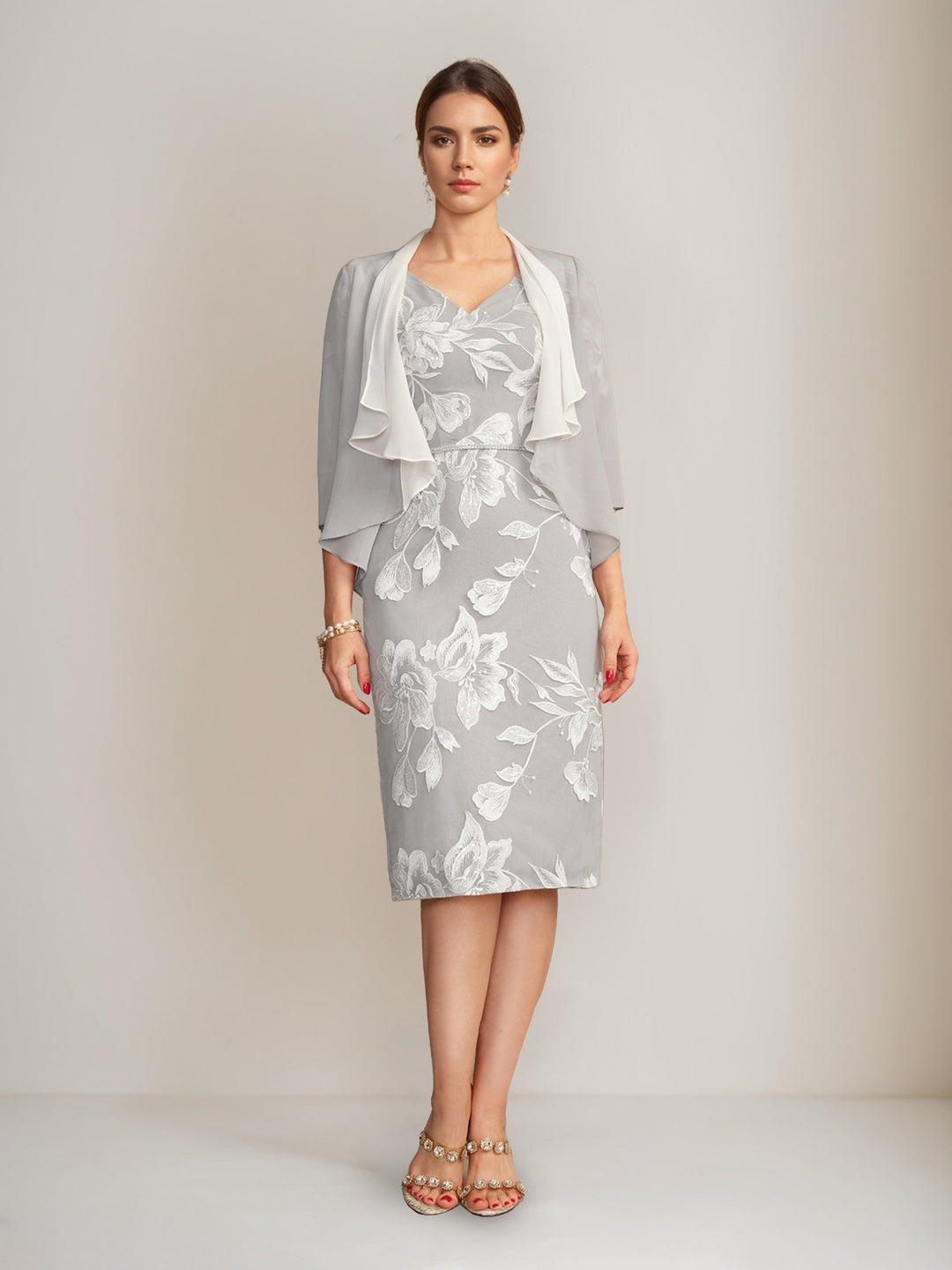 Sheath/Column V-Neck Half Sleeves Knee-Length Beading Mother of the Bride Dresses with Floral Embroidery & Appliques & Jacket