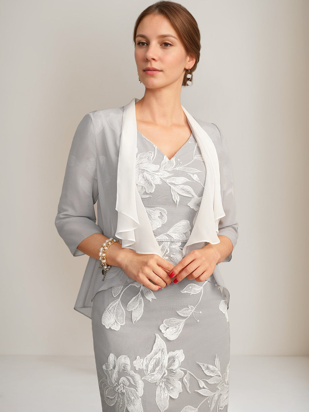 Sheath/Column V-Neck Half Sleeves Knee-Length Beading Mother of the Bride Dresses with Floral Embroidery & Appliques & Jacket