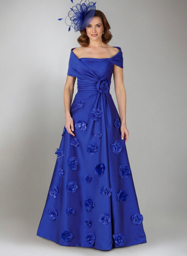 A-Line/Princess Off-the-Shoulder Short Sleeves Pleated Floor-Length Ruched Mother of the Bride Dresses with 3D Flowers