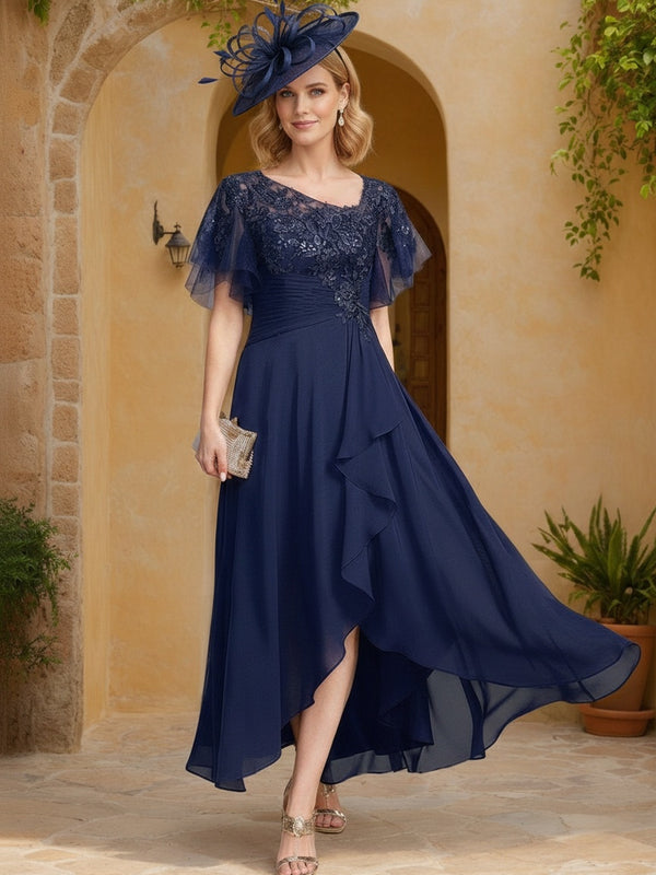 A-Line/Princess Asymmetrical Neckline Short Sleeves Asymmetrical Mother of the Bride Dresses with Ruffles & Lace Appliques