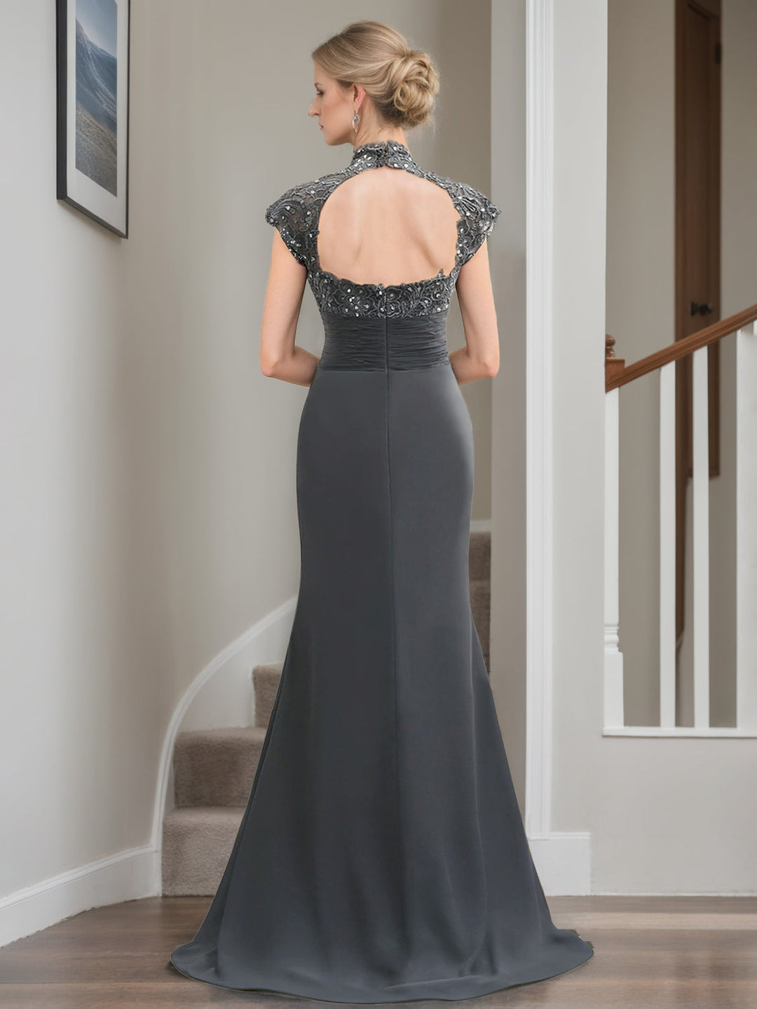 Trumpet/Mermaid High Neck Sweep Train Cap Sleeves Ruched Mother of the Bride Dresses with Ruffles & Rhinestones