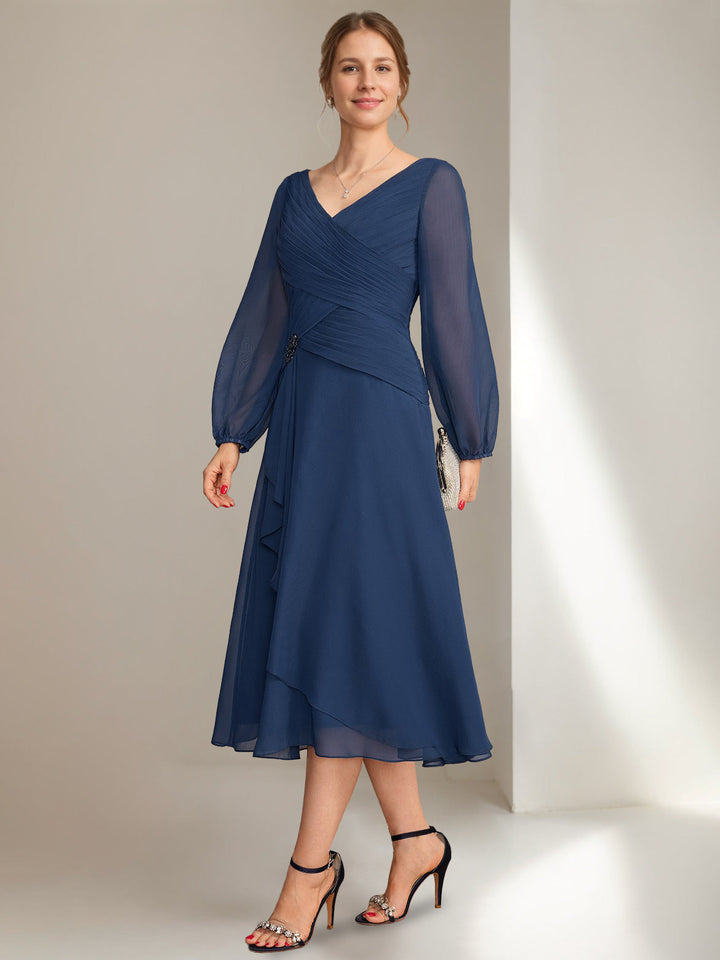 A-Line/Princess V-Neck Long Sleeves Tea-Length Ruched Mother of the Bride Dresses with Ruffles & Jewel Appliques