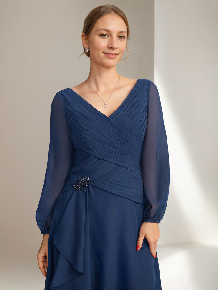 A-Line/Princess V-Neck Long Sleeves Tea-Length Ruched Mother of the Bride Dresses with Ruffles & Jewel Appliques