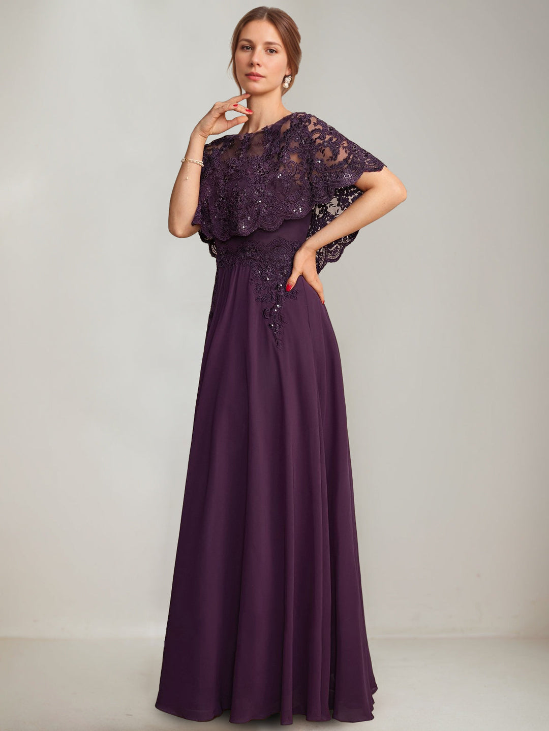 A-Line/Princess Scoop Cape Sleeves Floor-Length Pleated Mother of the Bride Dresses with Lace Appliques & Sequins