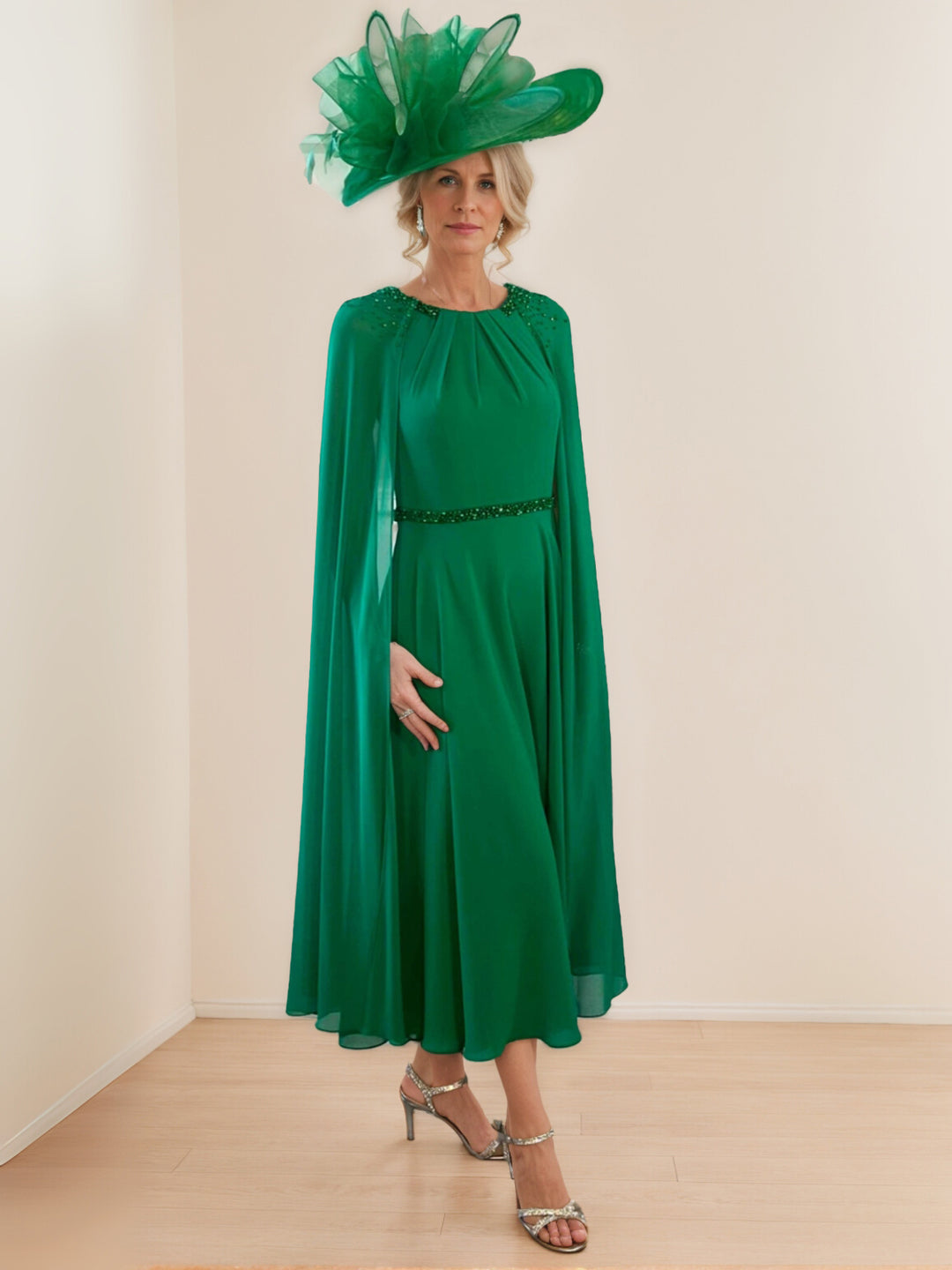 A-Line/Princess Scoop Tea-Length Mother of the Bride Dresses With Shoulder Streamers