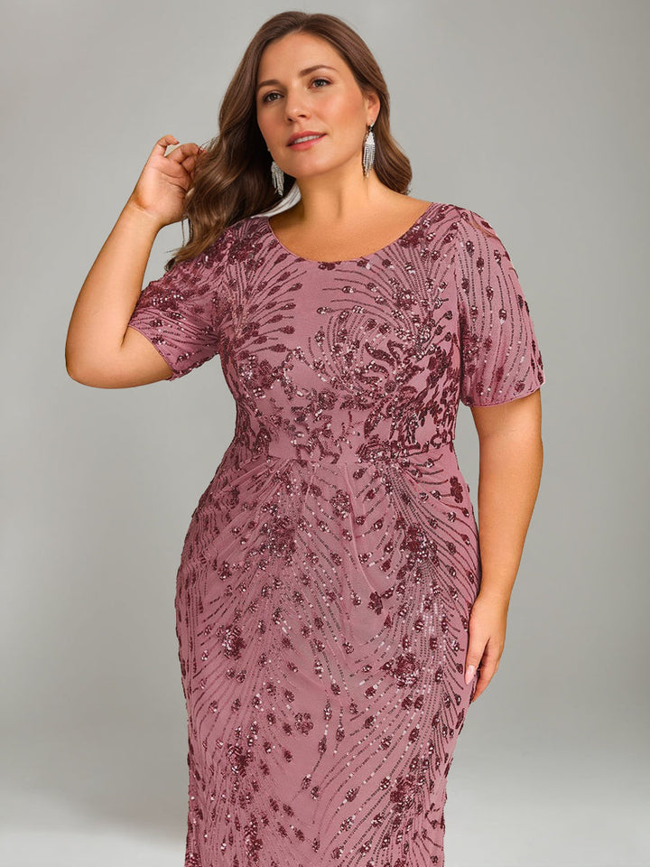 Trumpet/Mermaid Plus Scoop Half Sleeves Tea-length Mother of the Bride Dresses with Sequins & Embroidery