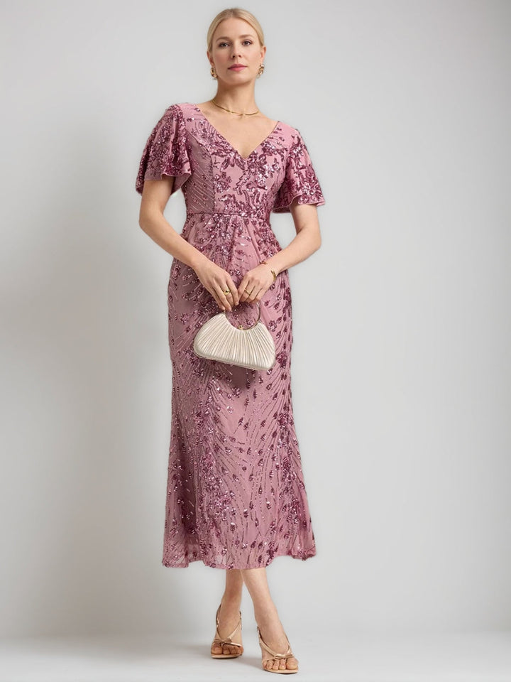 Trumpet/Mermaid V-Neck Short Sleeves Tea-Length Mother of the Bride Dresses with Sequins & Embroidery