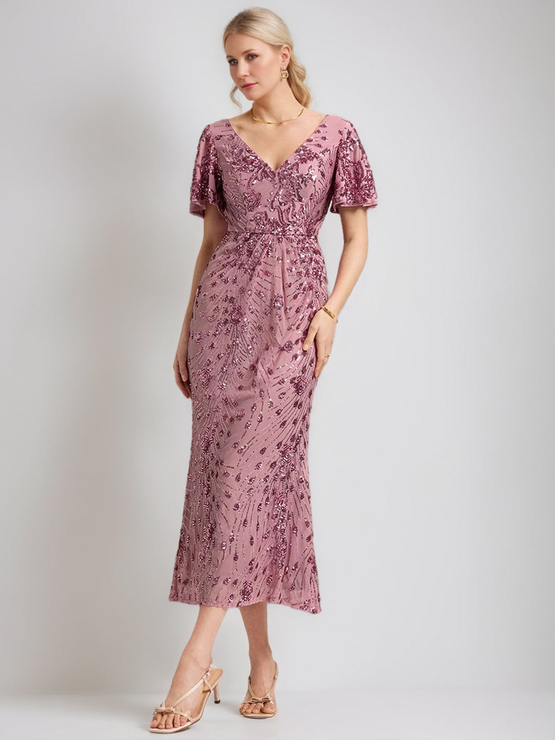 Trumpet/Mermaid V-Neck Short Sleeves Tea-Length Mother of the Bride Dresses with Sequins & Embroidery