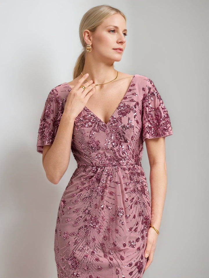 Trumpet/Mermaid V-Neck Short Sleeves Tea-Length Mother of the Bride Dresses with Sequins & Embroidery