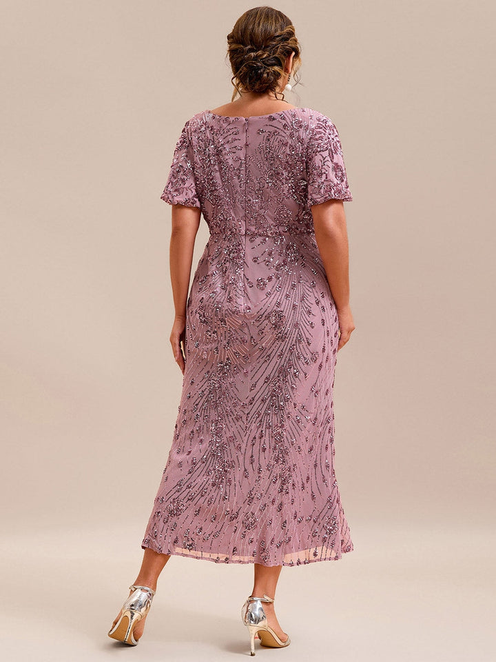 A-Line/Princess Short Sleeves Tea-Length Plus Size Mother of the Bride Dresses with Sequins