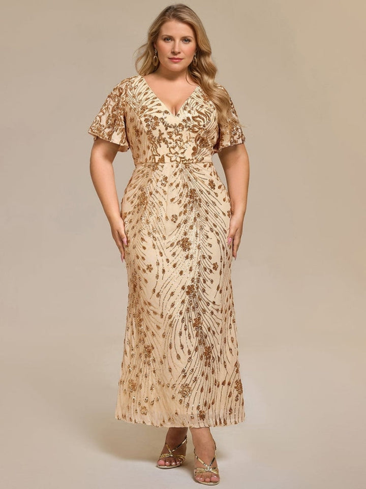 A-Line/Princess Short Sleeves Tea-Length Plus Size Mother of the Bride Dresses with Sequins