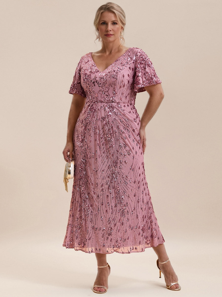 A-Line/Princess Short Sleeves Tea-Length Plus Size Mother of the Bride Dresses with Sequins