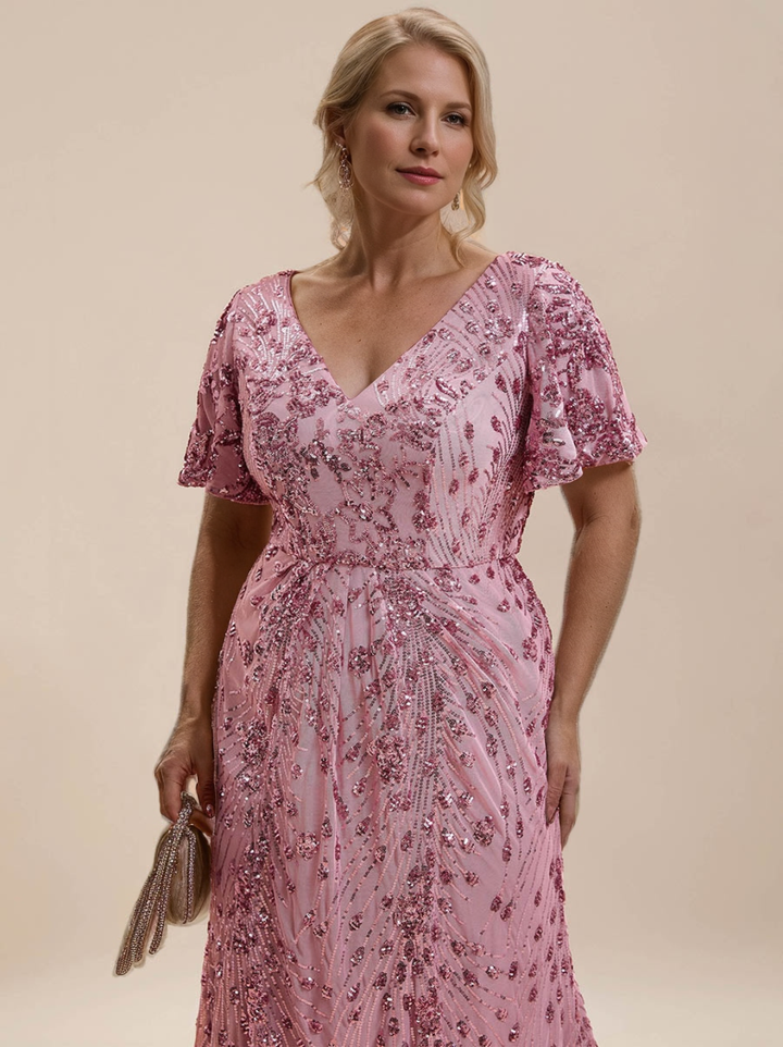 A-Line/Princess Short Sleeves Tea-Length Plus Size Mother of the Bride Dresses with Sequins