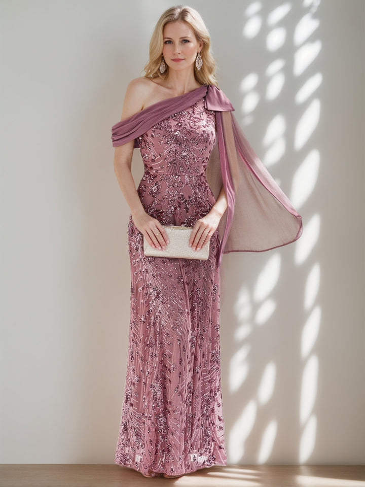 Sheath/Column One Shoulder Floor-Length Mother of the Bride Dresses with Sequins & Floaty Cape
