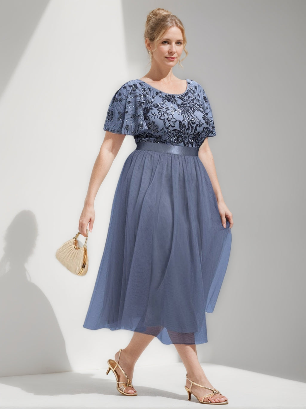 A-Line/Princess Short Sleeves Tea-Length Plus Size Mother of the Bride Dresses with Sequins & Ruffles