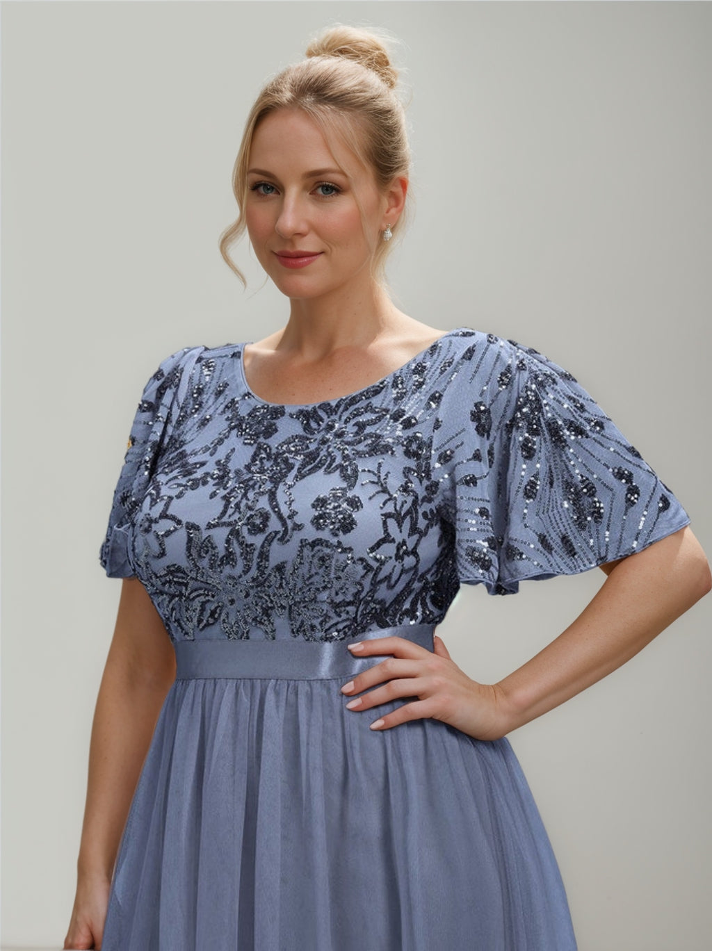 A-Line/Princess Short Sleeves Tea-Length Plus Size Mother of the Bride Dresses with Sequins & Ruffles