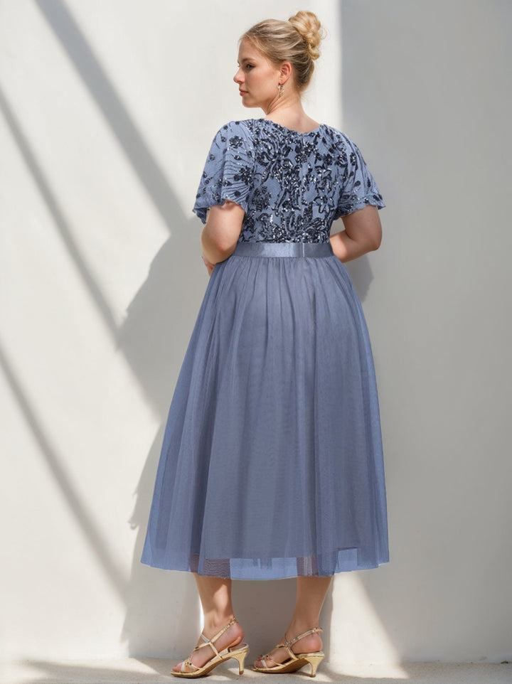 A-Line/Princess Short Sleeves Tea-Length Plus Size Mother of the Bride Dresses with Sequins & Ruffles