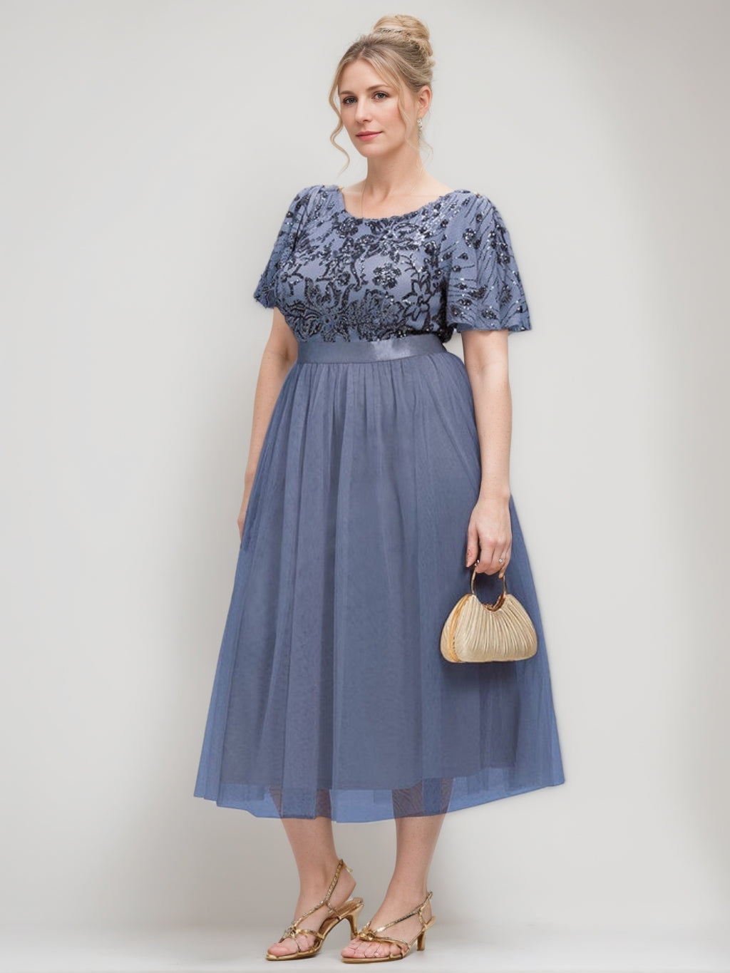 A-Line/Princess Short Sleeves Tea-Length Plus Size Mother of the Bride Dresses with Sequins & Ruffles