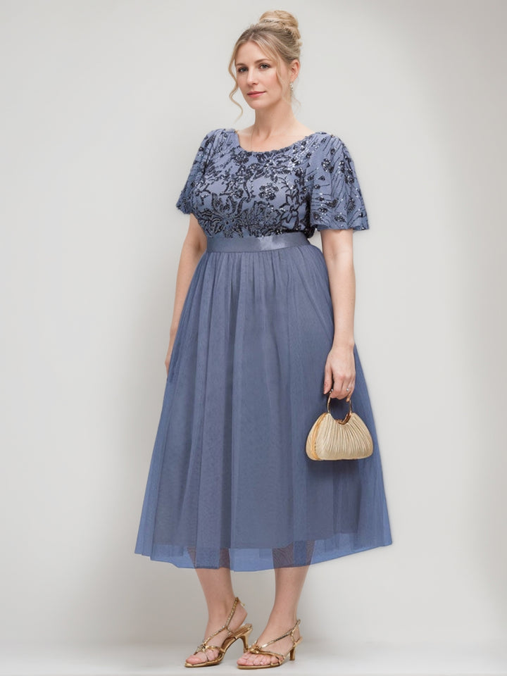 A-Line/Princess Short Sleeves Tea-Length Plus Size Mother of the Bride Dresses with Sequins & Ruffles
