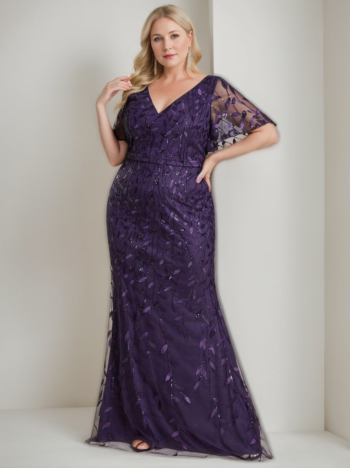 Trumpet/Mermaid Short Sleeves V-Neck Floor-Length Mother of the Bride Dresses with Sequins