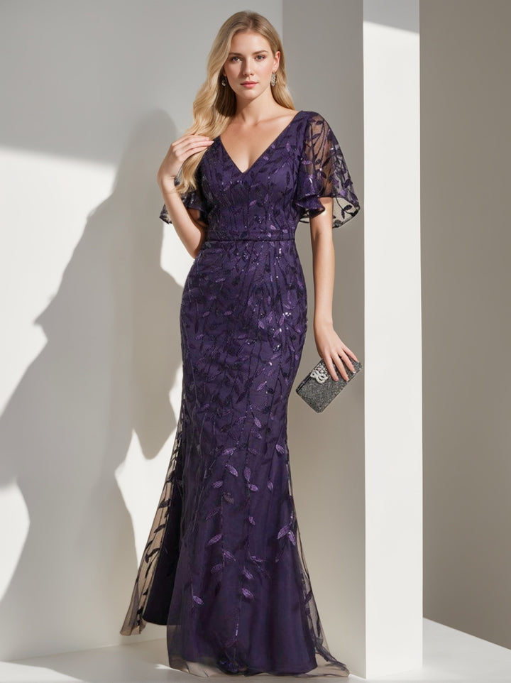 Trumpet/Mermaid Short Sleeves V-Neck Floor-Length Mother of the Bride Dresses with Sequins
