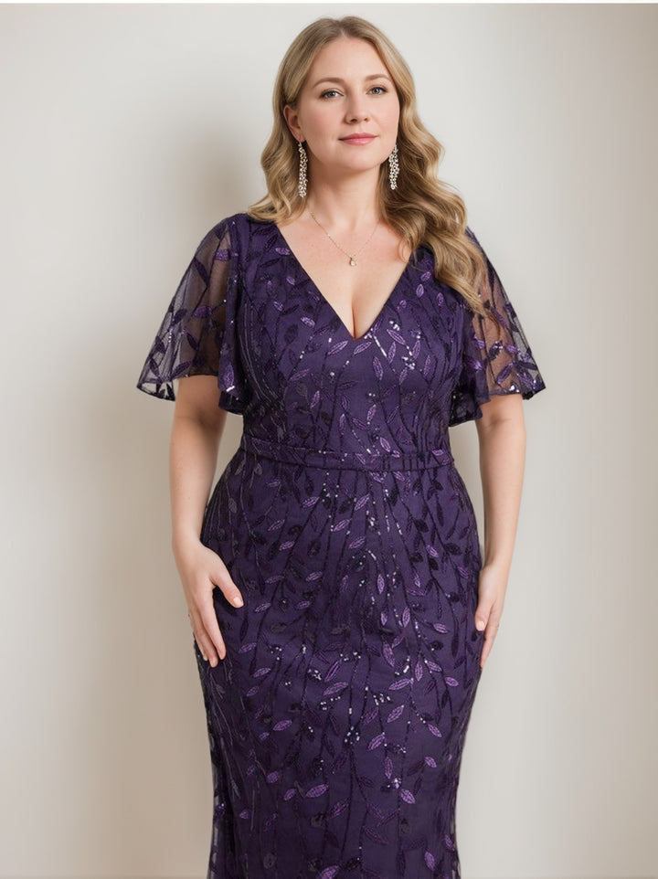 Trumpet/Mermaid Short Sleeves V-Neck Floor-Length Mother of the Bride Dresses with Sequins