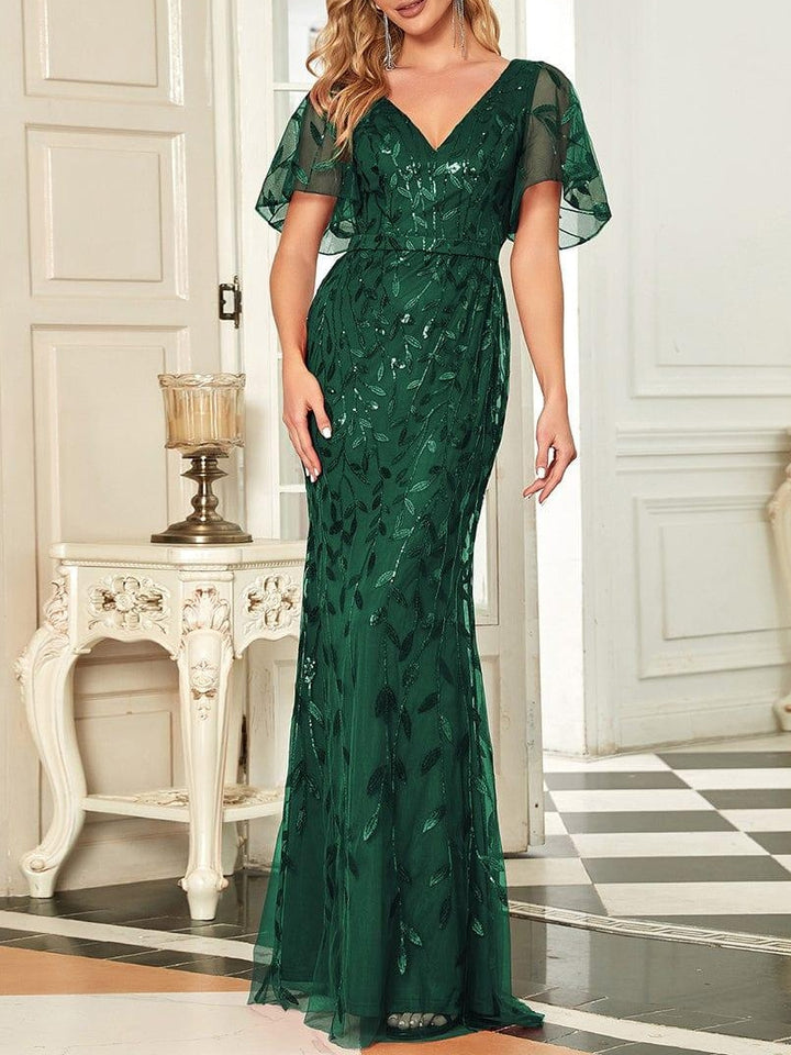 Trumpet/Mermaid Short Sleeves V-Neck Floor-Length Mother of the Bride Dresses with Sequins