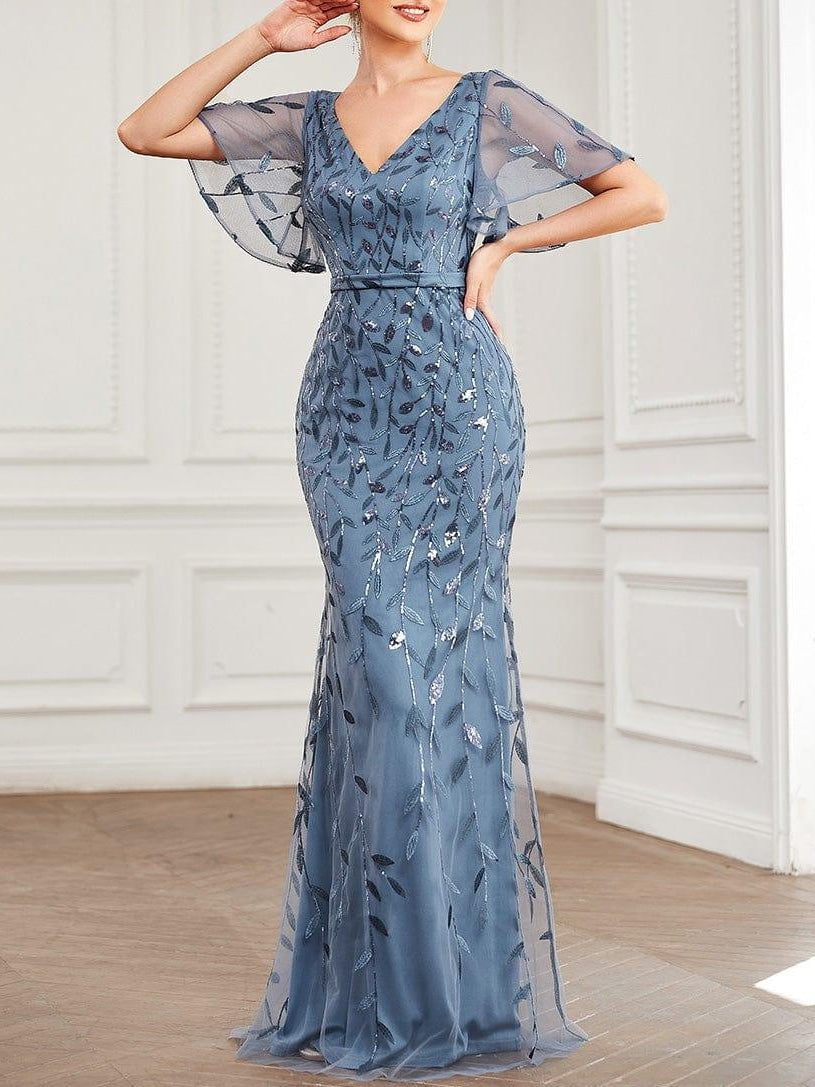 Trumpet/Mermaid Short Sleeves V-Neck Floor-Length Mother of the Bride Dresses with Sequins