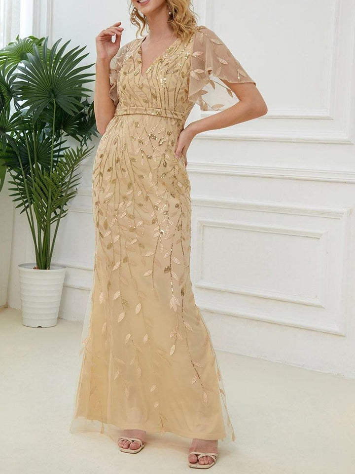Trumpet/Mermaid Short Sleeves V-Neck Floor-Length Mother of the Bride Dresses with Sequins