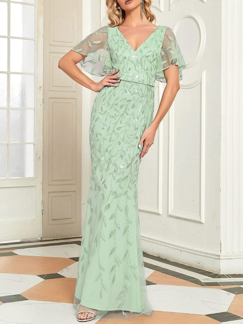 Trumpet/Mermaid Short Sleeves V-Neck Floor-Length Mother of the Bride Dresses with Sequins