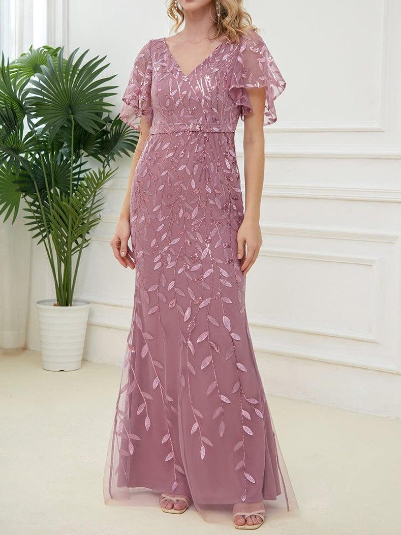 Trumpet/Mermaid Short Sleeves V-Neck Floor-Length Mother of the Bride Dresses with Sequins