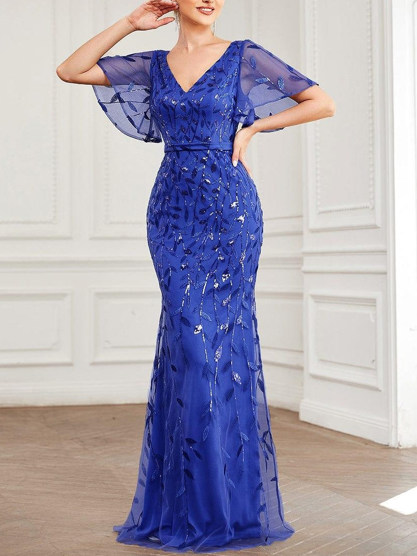 Trumpet/Mermaid Short Sleeves V-Neck Floor-Length Mother of the Bride Dresses with Sequins
