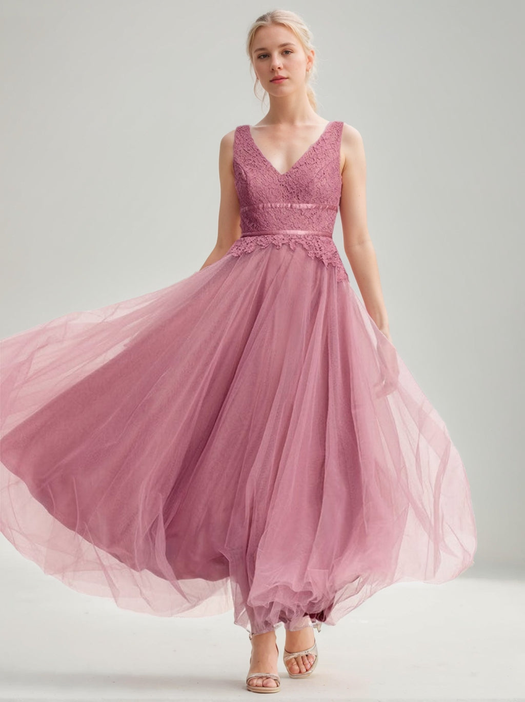 A-Line/Princess V-Neck Sleeveless Ankle-Length Wedding Guest Dresses with Ruffles & Lace Appliques