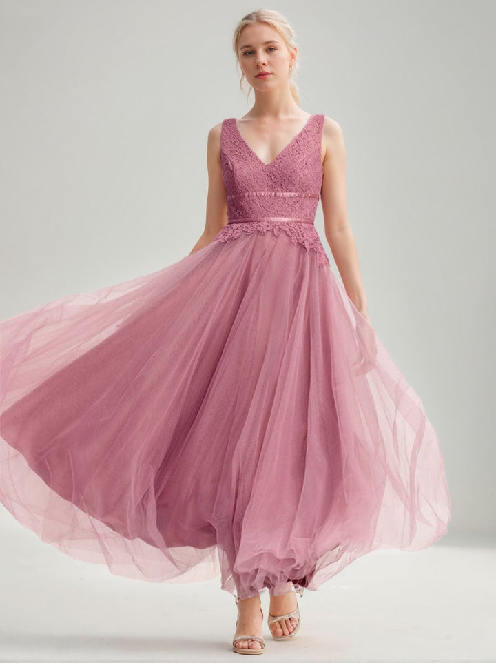 A-Line/Princess V-Neck Sleeveless Ankle-Length Wedding Guest Dresses with Ruffles & Lace Appliques